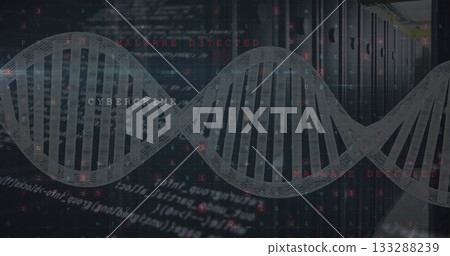 Floating DNA helix in data center aisle, showing server racks, Ethernet cables, malware code Floating DNA helix in data center aisle, showing server racks, Ethernet cables, malware code 133288239