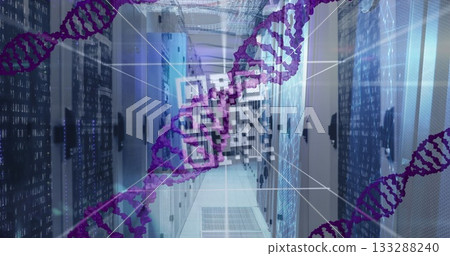 Displaying purple DNA helix graphics overlaying server rack corridor, with glowing status lights Displaying purple DNA helix graphics overlaying server rack corridor, with glowing status lights 133288240