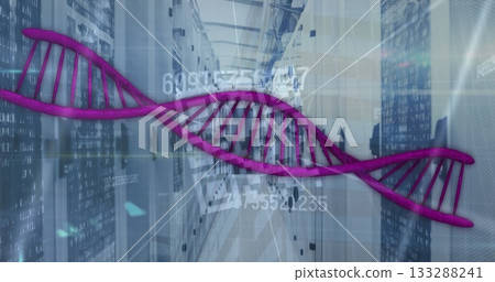 Floating purple DNA helix crossing server room, with server racks and numeric interface lines Floating purple DNA helix crossing server room, with server racks and numeric interface lines 133288241