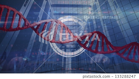 Projecting red DNA double helix floating above server racks at data center with grid security text 133288247