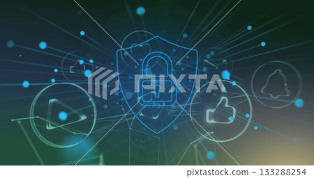Displaying glowing padlock on shield amid network lines, with play button, thumbs-up and bell icons Displaying glowing padlock on shield amid network lines, with play button, thumbs-up and bell icons 133288254