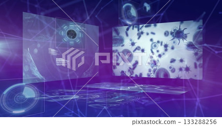 Floating holographic panels showing cell data and gauges in analysis chamber, with network nodes Floating holographic panels showing cell data and gauges in analysis chamber, with network nodes 133288256