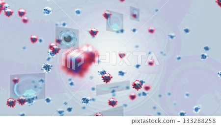 Floating central red virus cluster drifting in digital space, with blue spheres and HUD overlays 133288258