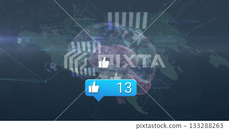 Displaying notification bubble showing thirteen likes floating over map screen, with brain hologram 133288263
