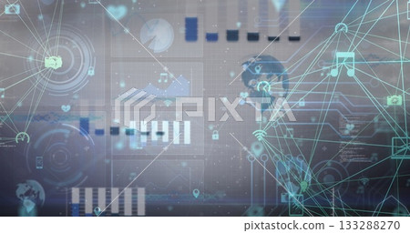 Connecting glowing nodes and icons on grid backdrop, with music, camera and smartphone symbols Connecting glowing nodes and icons on grid backdrop, with music, camera and smartphone symbols 133288270