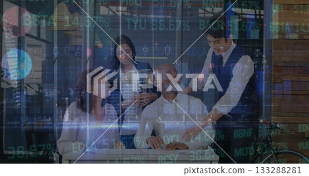 Collaborating team meeting around wheelchair user at modern office desk, with stock market graphics Collaborating team meeting around wheelchair user at modern office desk, with stock market graphics 133288281