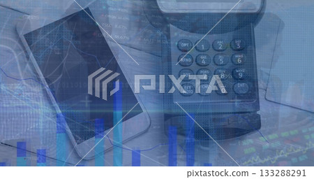 Displaying payment terminal keypad and smartphone analyzing finance data on desk, fintech overlays Displaying payment terminal keypad and smartphone analyzing finance data on desk, fintech overlays 133288291