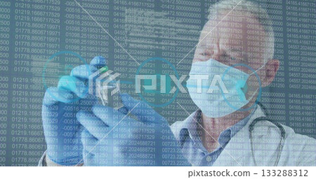 Transferring liquid with pipette into vial, researcher wearing mask in lab, with data projections Transferring liquid with pipette into vial, researcher wearing mask in lab, with data projections 133288312