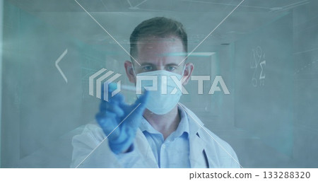 Mask-wearing doctor inspecting test tube with gloves in hospital corridor, with holographic overlay 133288320