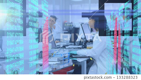 Scientist in lab coat handling test tubes, typing on keyboard at lab bench, with holographic data Scientist in lab coat handling test tubes, typing on keyboard at lab bench, with holographic data 133288323