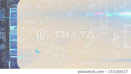 Displaying translucent panel hovering on hex-grid interface, with neon waveforms, bars and bokeh Displaying translucent panel hovering on hex-grid interface, with neon waveforms, bars and bokeh 133288327