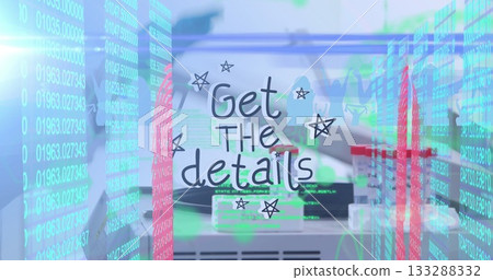 Displaying stylized doodled text over research bench, mixing sample racks, cables and code streams 133288332