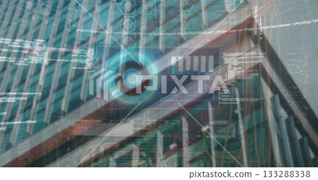 Displaying circular HUD interface merging high-rise exterior with data rack, bar charts and code Displaying circular HUD interface merging high-rise exterior with data rack, bar charts and code 133288338