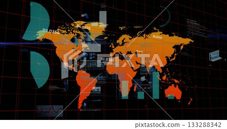 Digital world map graphic floating in virtual interface, with red grid and data visualizations Digital world map graphic floating in virtual interface, with red grid and data visualizations 133288342