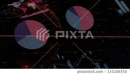 Displaying large pie chart at lower left on dashboard, with glowing globe and waveform, copy space Displaying large pie chart at lower left on dashboard, with glowing globe and waveform, copy space 133288358