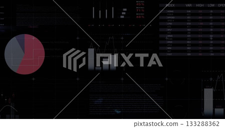 Displaying dashboard on dark UI, with pie, bar-and-line charts, histogram, data table and gridlines 133288362