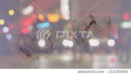 Floating two crumpled forms over city street at night, with digital reticles and blurred headlights Floating two crumpled forms over city street at night, with digital reticles and blurred headlights 133288368