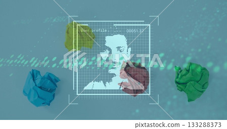 Displaying grid overlay showing silhouette and ID on turquoise backdrop with data dots, paper balls Displaying grid overlay showing silhouette and ID on turquoise backdrop with data dots, paper balls 133288373