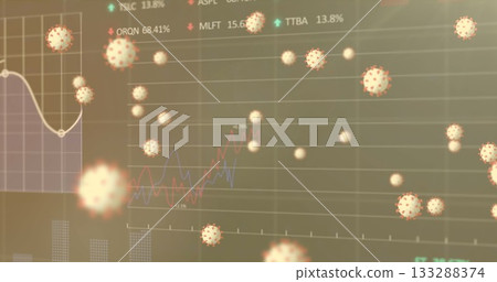 Floating stylized virus icons drifting across digital dashboard, with line graphs and percentages Floating stylized virus icons drifting across digital dashboard, with line graphs and percentages 133288374