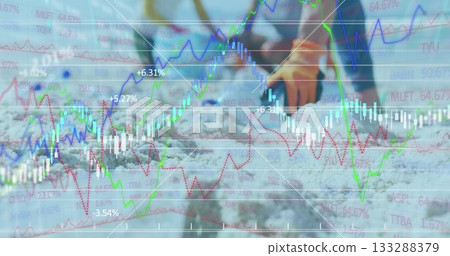 Showing candlestick chart overlaying colored trends and percentages in fresh snow, with snow boots Showing candlestick chart overlaying colored trends and percentages in fresh snow, with snow boots 133288379