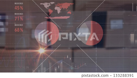 Semi-transparent dashboard overlay in office, showing pie charts world map percentages and charts 133288391