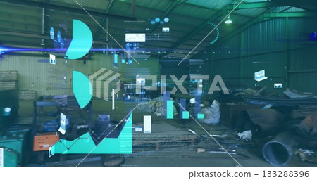 Digital bar charts and line graphs floating above scrap metal pipes inside warehouse, data overlay Digital bar charts and line graphs floating above scrap metal pipes inside warehouse, data overlay 133288396