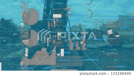 Displaying excavator working at metal recycling yard, with digital charts and scrap metal piles Displaying excavator working at metal recycling yard, with digital charts and scrap metal piles 133288409