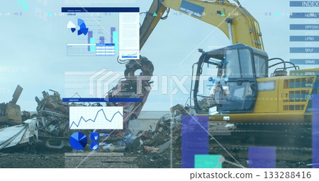 Operating yellow excavator with grapple grabbing crushed cars in recycling yard, with data overlay Operating yellow excavator with grapple grabbing crushed cars in recycling yard, with data overlay 133288416
