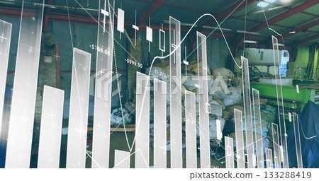 Displaying translucent financial charts overlaying warehouse with metal beams, stacked white sacks 133288419