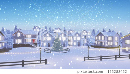 Decorated Christmas tree glowing in snowy village square, with circular fence, string-lit lampposts Decorated Christmas tree glowing in snowy village square, with circular fence, string-lit lampposts 133288432