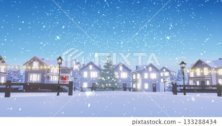 Glowing decorated fir tree shining in snowy village square, with string lights illuminating houses 133288434