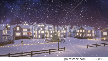 Decorated evergreen tree glowing in snowy village, with circular wooden fence and string lights Decorated evergreen tree glowing in snowy village, with circular wooden fence and string lights 133288435