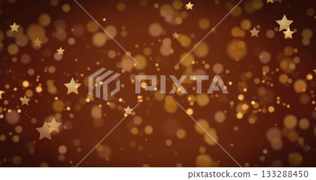 Floating golden star shapes drifting on dark brown gradient backdrop, with circular bokeh lights Floating golden star shapes drifting on dark brown gradient backdrop, with circular bokeh lights 133288450
