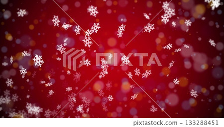 Drifting white snowflake shapes dancing across festive backdrop with translucent bokeh lights Drifting white snowflake shapes dancing across festive backdrop with translucent bokeh lights 133288451