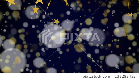 Decorating festive abstract background on dark navy canvas, with golden stars and muted gold bokeh 133288452