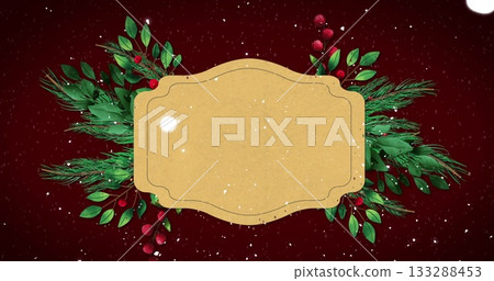 Framing ornate golden label on red with pine branches, leafy sprigs, red berries, snow speckles Framing ornate golden label on red with pine branches, leafy sprigs, red berries, snow speckles 133288453