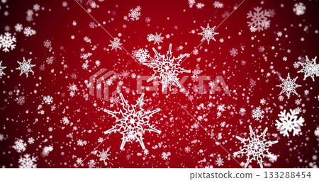 Drifting white snowflake floating over red gradient backdrop, with scattered snowflake particles Drifting white snowflake floating over red gradient backdrop, with scattered snowflake particles 133288454