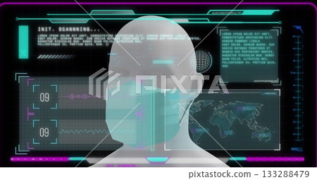 Showing 3D head bust wearing surgical mask in scanning environment, with holographic UI panels 133288479