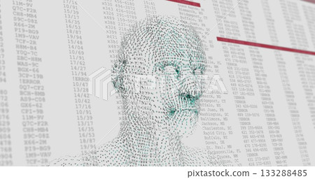 Forming human head silhouette from green binary digits in dashboard, with data columns and red bars Forming human head silhouette from green binary digits in dashboard, with data columns and red bars 133288485
