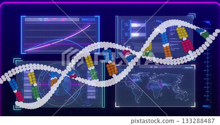 Displaying 3D DNA double helix model on research interface, with base-pair clusters and data panels Displaying 3D DNA double helix model on research interface, with base-pair clusters and data panels 133288487