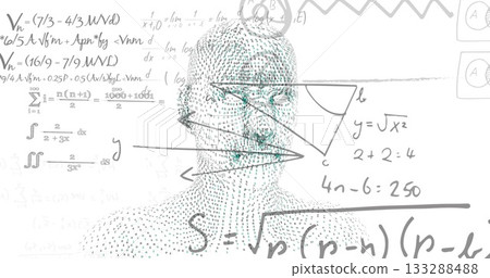 Displaying stylized dot-matrix head floating in abstract white space, with math notation overlays Displaying stylized dot-matrix head floating in abstract white space, with math notation overlays 133288488