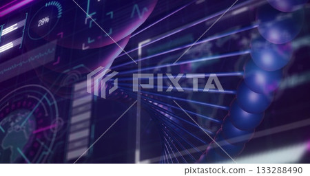 Twisting glowing DNA double helix floating in futuristic lab interface, with molecular nodes 133288490