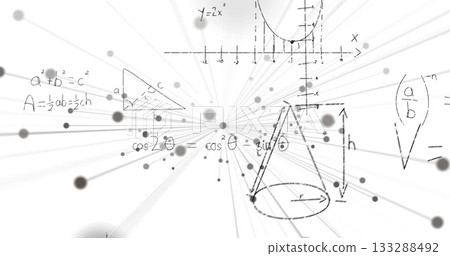 Displaying illustration showing central burst on canvas, with axes, triangle, formulas and dots Displaying illustration showing central burst on canvas, with axes, triangle, formulas and dots 133288492