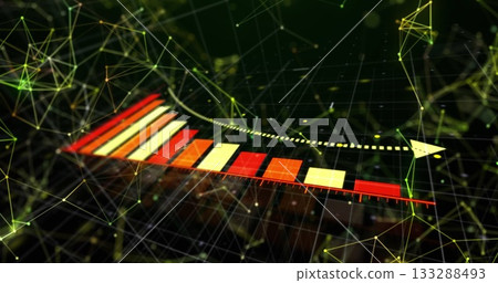 Displaying 3D bar chart showing gradient bars, curved arrow in data network with glowing grid nodes Displaying 3D bar chart showing gradient bars, curved arrow in data network with glowing grid nodes 133288493