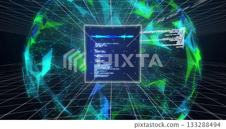 Glowing display panel projecting waveform and code in digital space, with mesh and grid lines Glowing display panel projecting waveform and code in digital space, with mesh and grid lines 133288494