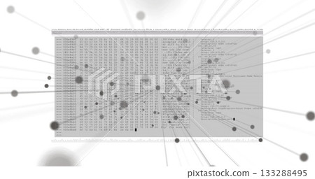 Translucent code panel floating in abstract data network, with hex dump, nodes and radial lines Translucent code panel floating in abstract data network, with hex dump, nodes and radial lines 133288495