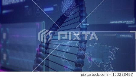 Displaying 3D DNA double helix rotating in lab interface, with data panels and world map overlay Displaying 3D DNA double helix rotating in lab interface, with data panels and world map overlay 133288497