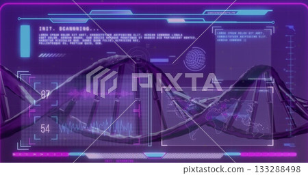 Scanning double helix structures on display in research lab, with UI panels and numeric readouts Scanning double helix structures on display in research lab, with UI panels and numeric readouts 133288498