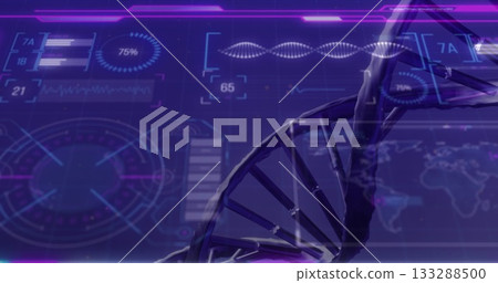 Displaying 3D DNA helix floating over neon HUD charts and world map in lab, copy space 133288500