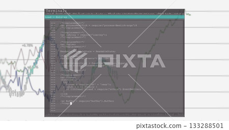 Overlaying transparent terminal showing JavaScript code on monitor, with financial chart gridlines Overlaying transparent terminal showing JavaScript code on monitor, with financial chart gridlines 133288501